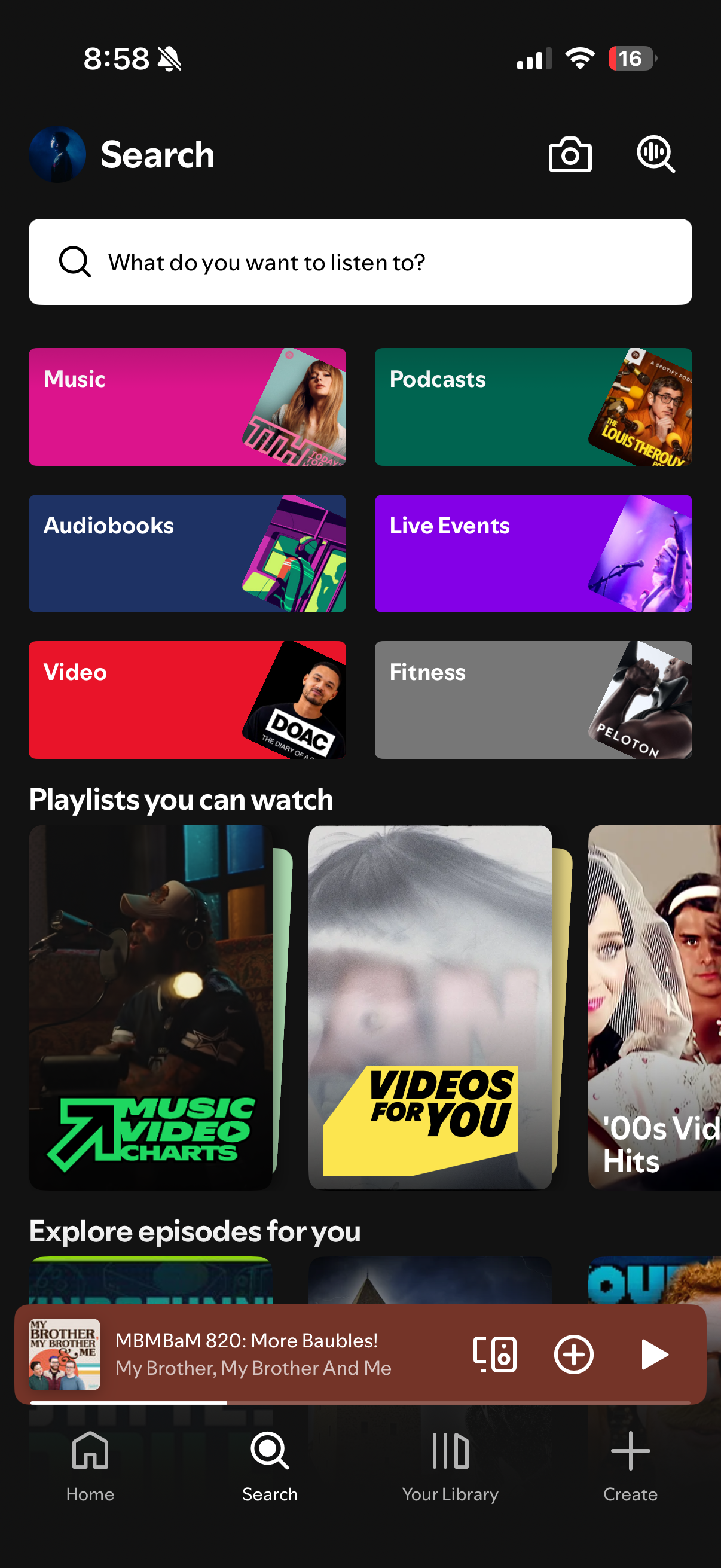 Spotify Search showing Videos for You under Playlists you can watch.