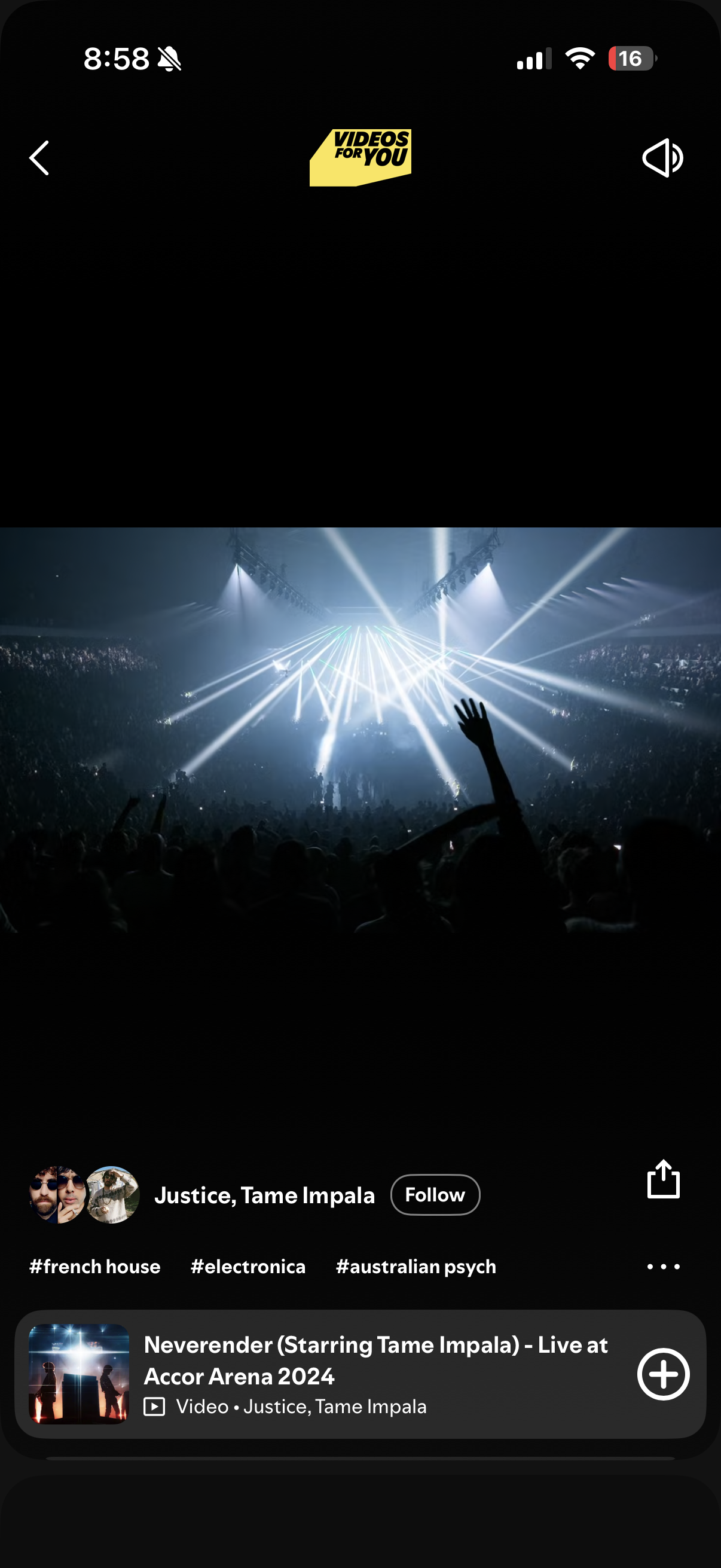 Justice and Tame Impala’s Neverender live performance playing within Videos for You.