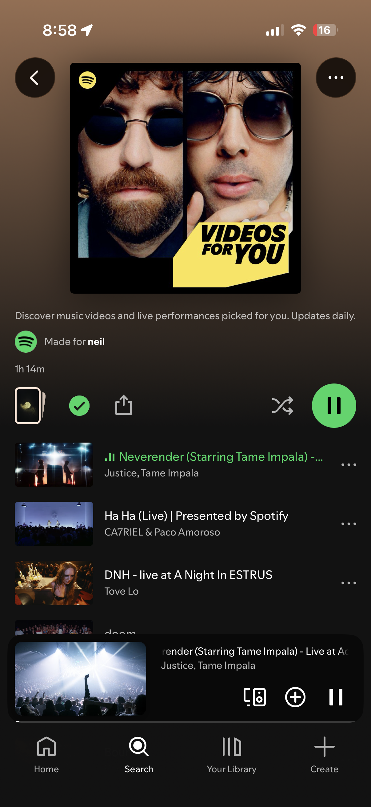 My Videos for You playlist on Spotify, with personalized video recommendations.